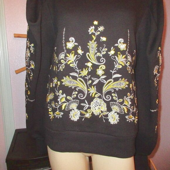 Gabrielle Union NY&C Embroidered Sweatshirt Size M Puff Sleeves Metallic Boho - Picture 2 of 11